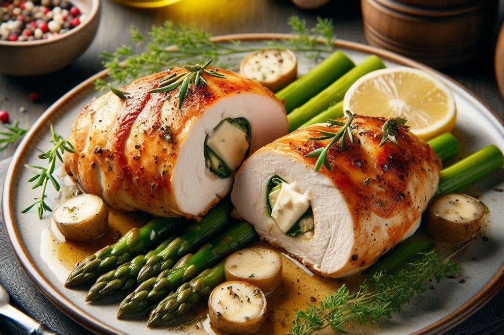 Suprême de volaille au brie fondant et crème d’asperge