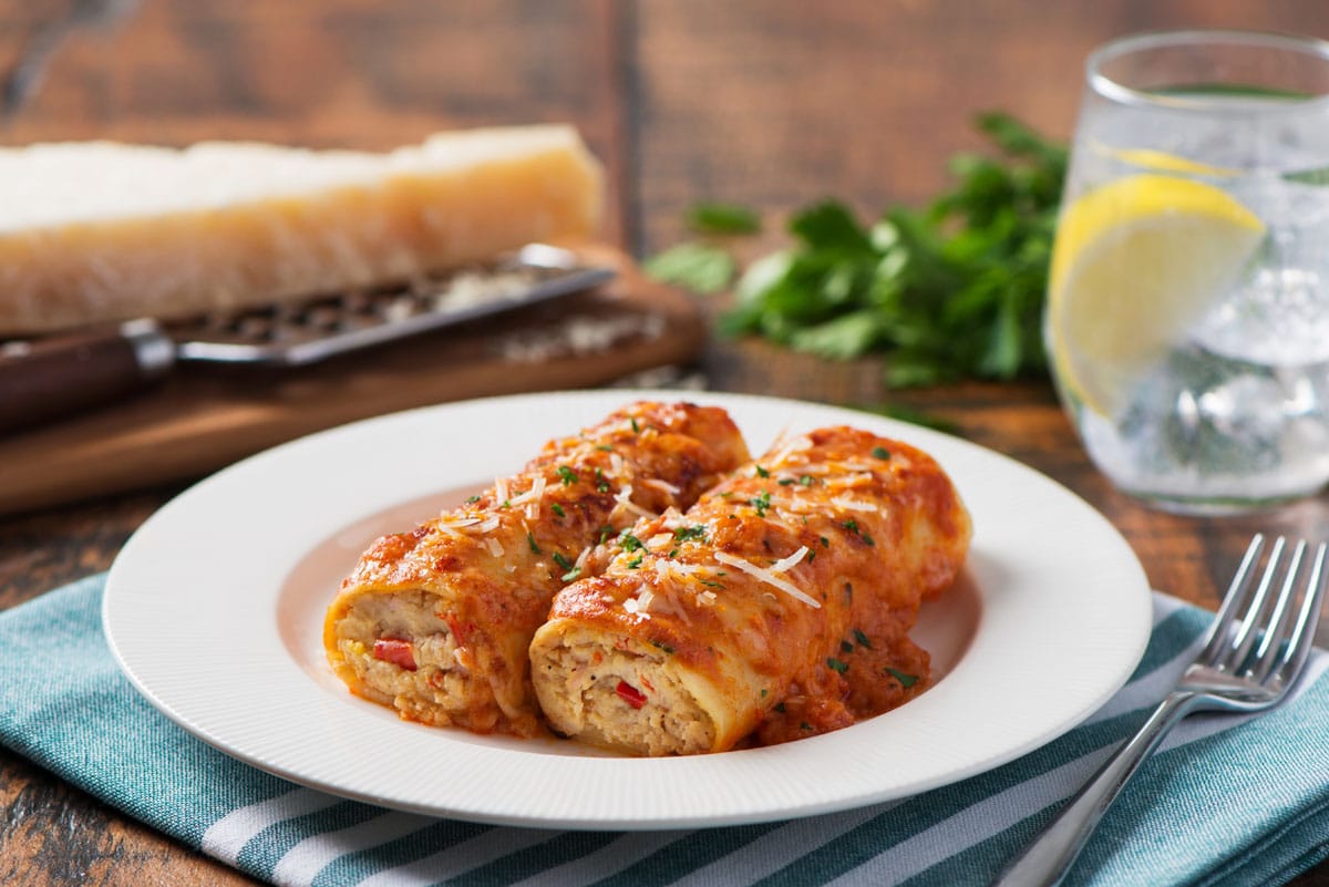 Manicotti au veau et ricotta sauce rosée gratiné